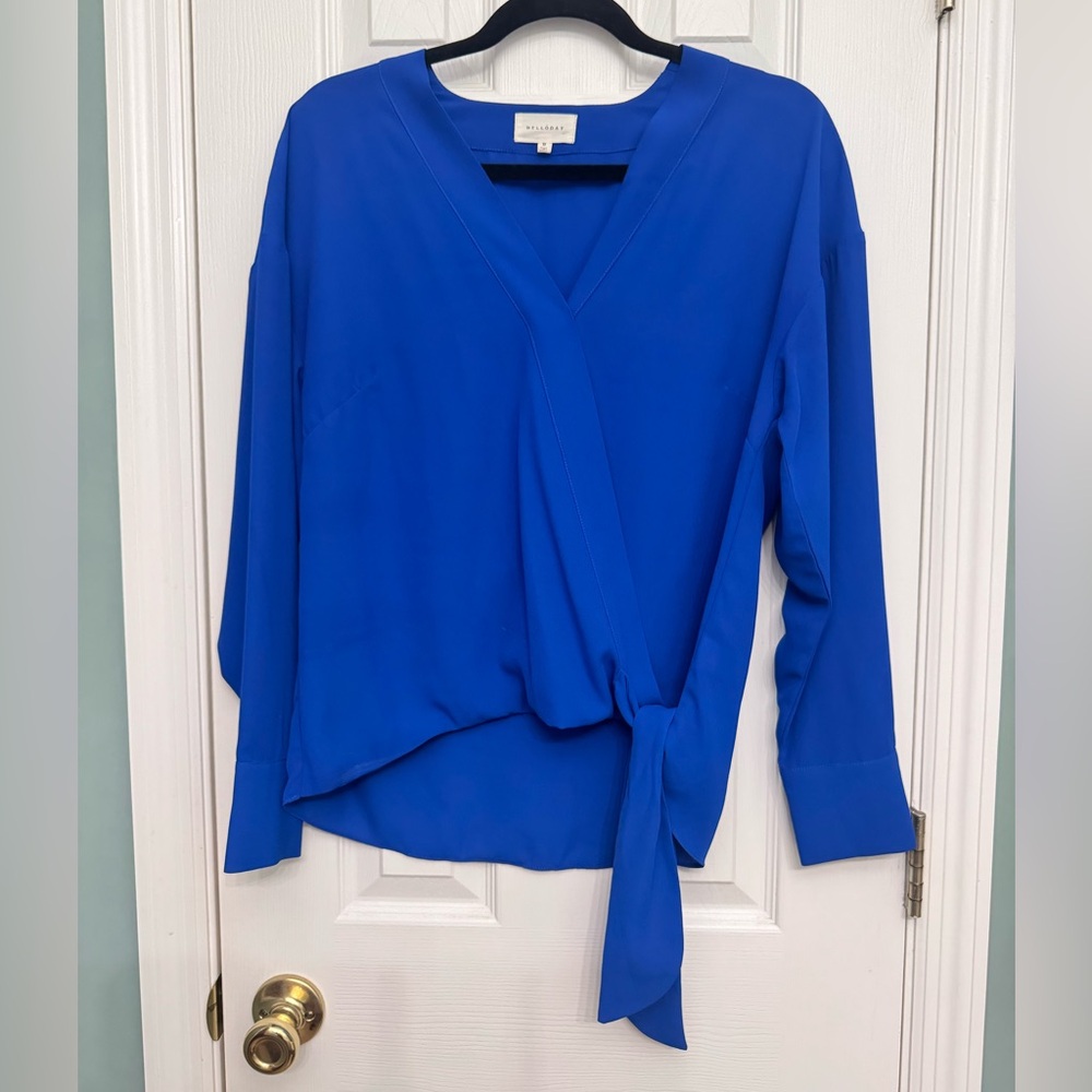 Melloday Cobalt Blue Wrap Front Side Tie Long Sleeve Top Size M
